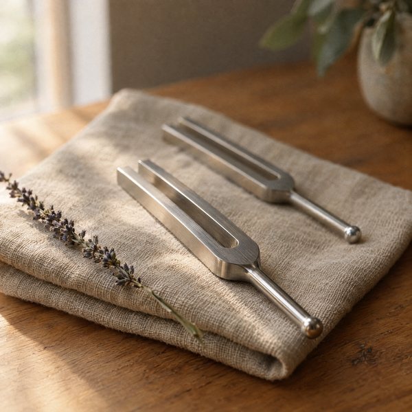 Two steel tuning forks resting on folded oat linen beside a sprig of dried lavender.