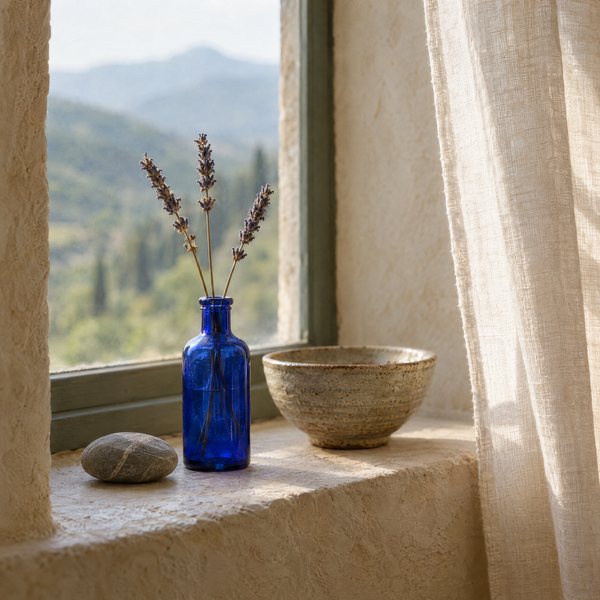A cobalt-blue glass bottle of dried lavender, a stoneware bowl and a river stone on a sunlit windowsill.