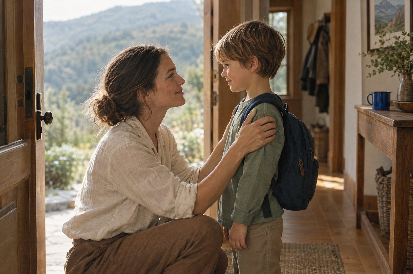 A mother kneels to eye level with her young son at an open front door in morning light, her hands steady on his shoulders.
