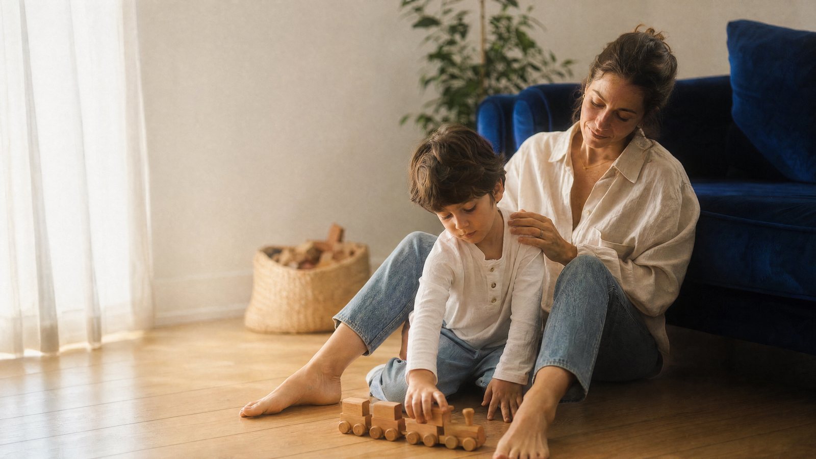 Morning light fills a quiet living room where a mother and her young child sit together on the floor, calm, a wooden toy between them.