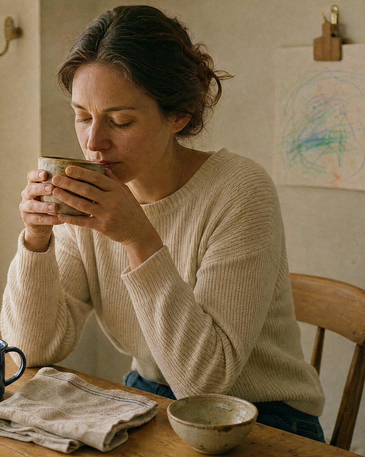 A mother sits alone at a kitchen table in the first light of morning, both hands around a cup, a child’s drawing pinned to the wall behind her.
