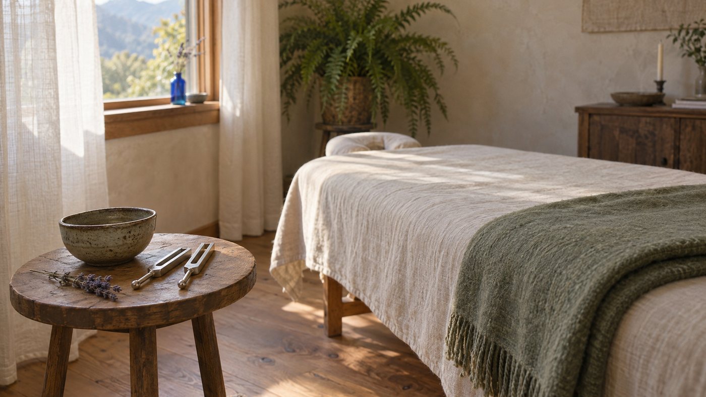 A quiet treatment room in morning light: a linen-dressed table with a folded sage blanket, a wooden stool with a stoneware bowl, two tuning forks and a sprig of lavender.