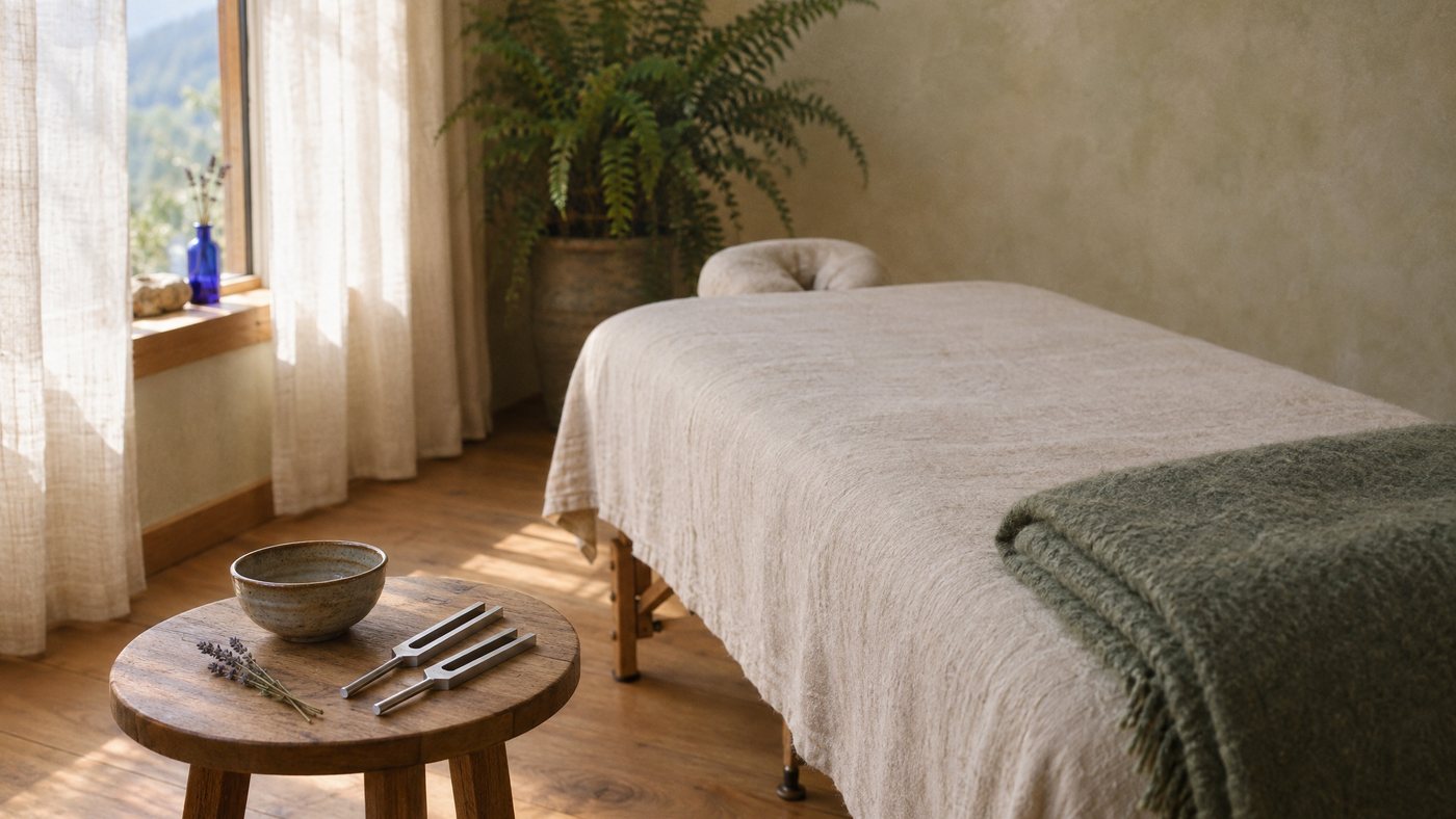 A sunlit treatment room: a linen-dressed table with a sage blanket, a small wooden stool holding a ceramic bowl and two tuning forks, sheer curtains glowing in morning light.