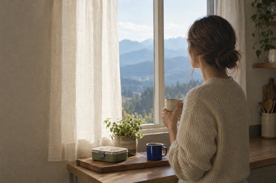 A mother stands at a kitchen window in early morning light, a cup in one hand, looking out at the mountains.